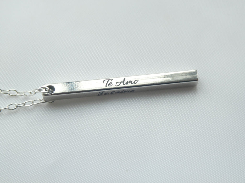 I Love You, Je T'aime, Te Amo Personalised Engraved Bar Necklace
