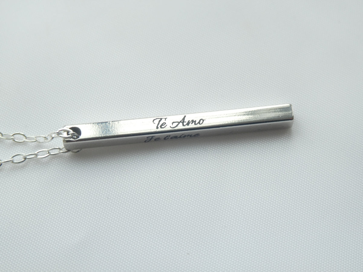 I Love You, Je T'aime, Te Amo Personalised Engraved Bar Necklace