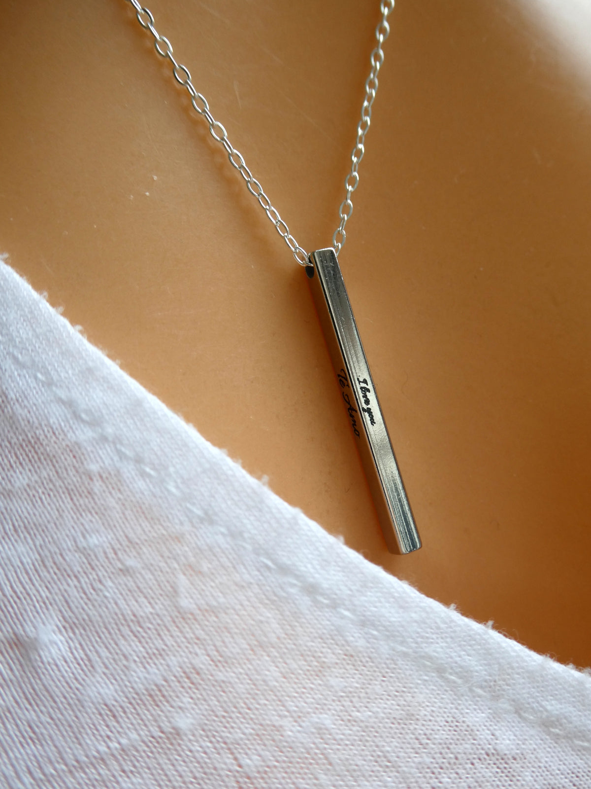 I Love You, Je T'aime, Te Amo Personalised Engraved Bar Necklace