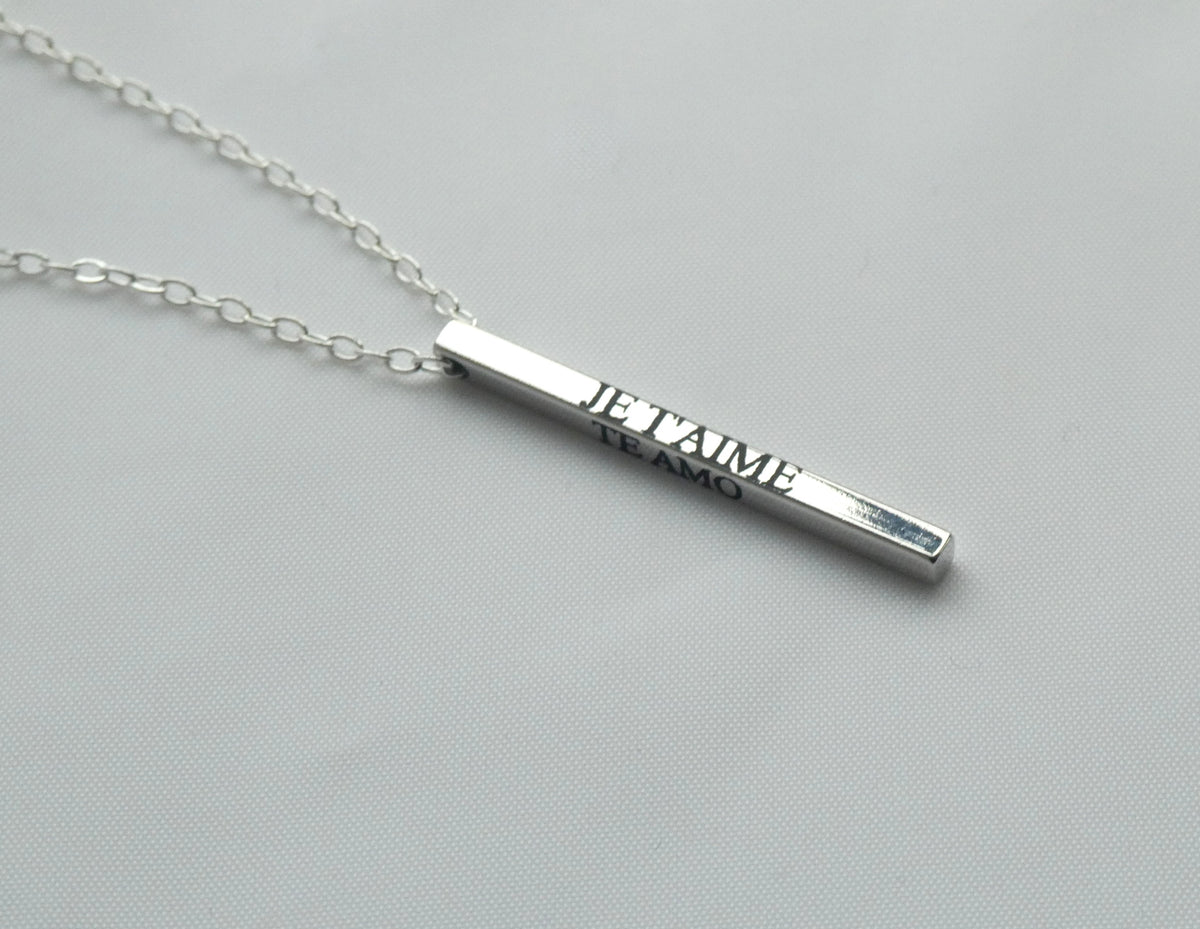 I Love You, Je T'aime, Te Amo Personalised Engraved Bar Necklace