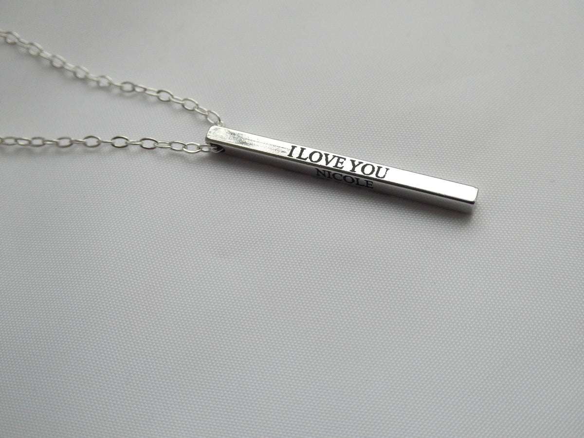 I Love You, Je T'aime, Te Amo Personalised Engraved Bar Necklace