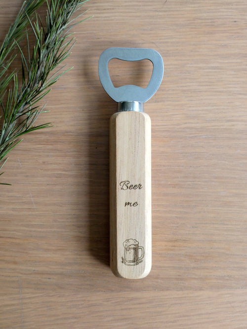 Engraved 'Beer Me' Wooden Bottle Opener — Personalised Gift for Dad / Him