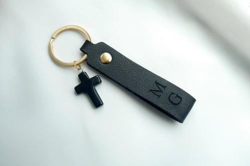 Black Personalised Name Initial Leather Key chain with Black Stone Cross Charm