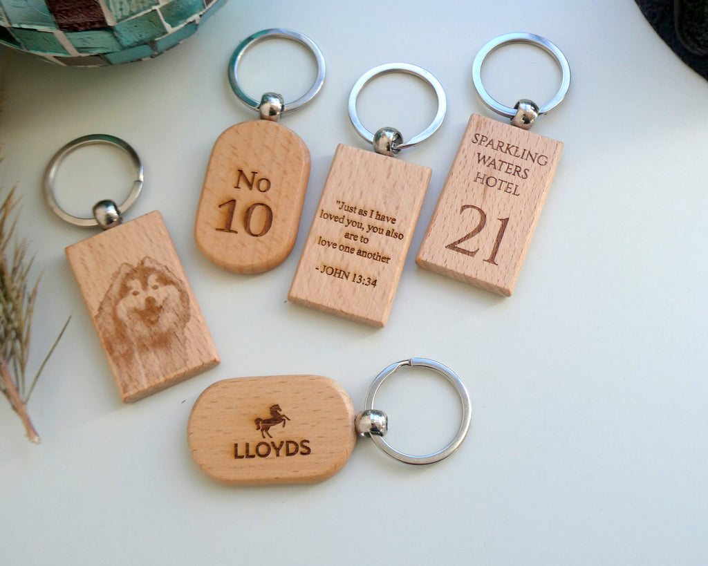 Personalised Engraved Wooden Keyring with message or photo, Custom key chain gift