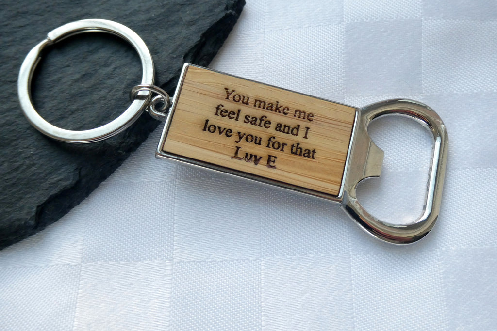 Engraved Wooden keyring and bottle opener with name, date or special message