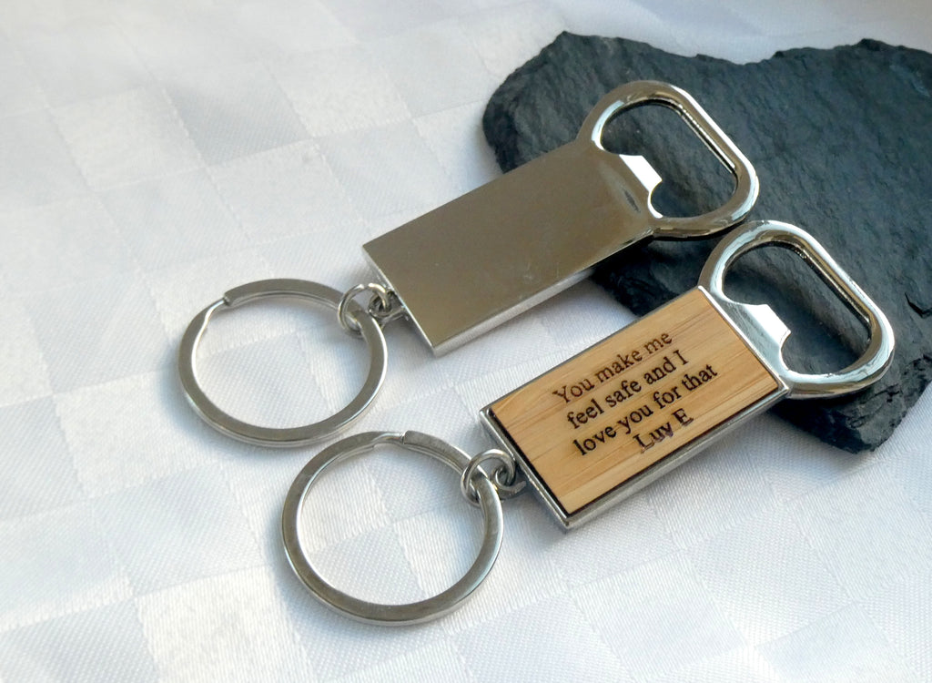 Engraved Wooden keyring and bottle opener with name, date or special message