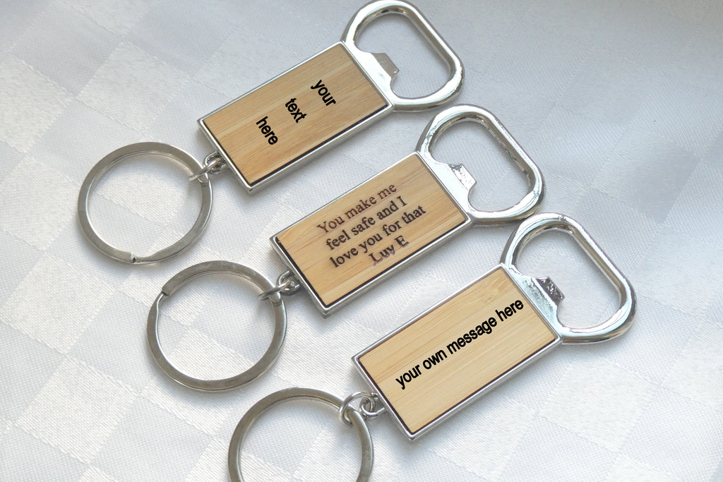 Engraved Wooden keyring and bottle opener with name, date or special message