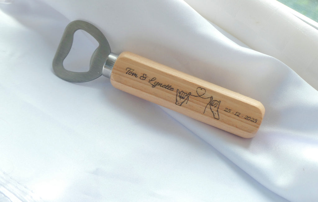 Personalised Minimalist Hands & Heart Engraved Bottle Opener – Custom Couple, House warming Gift
