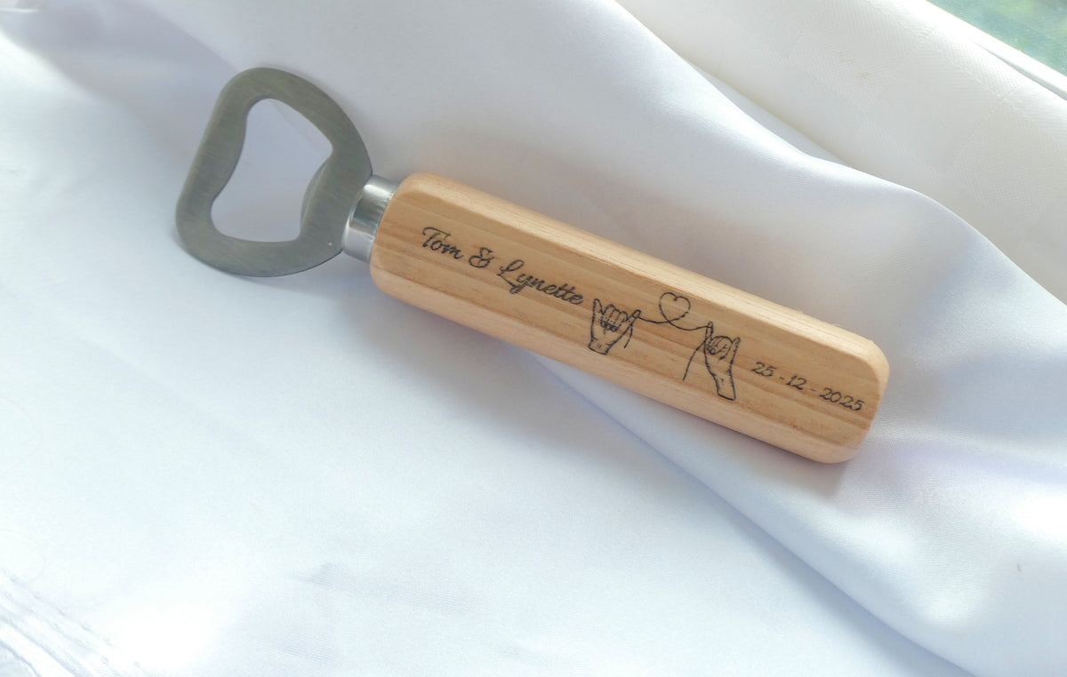 Personalised Minimalist Hands & Heart Engraved Bottle Opener – Custom Couple, House warming Gift