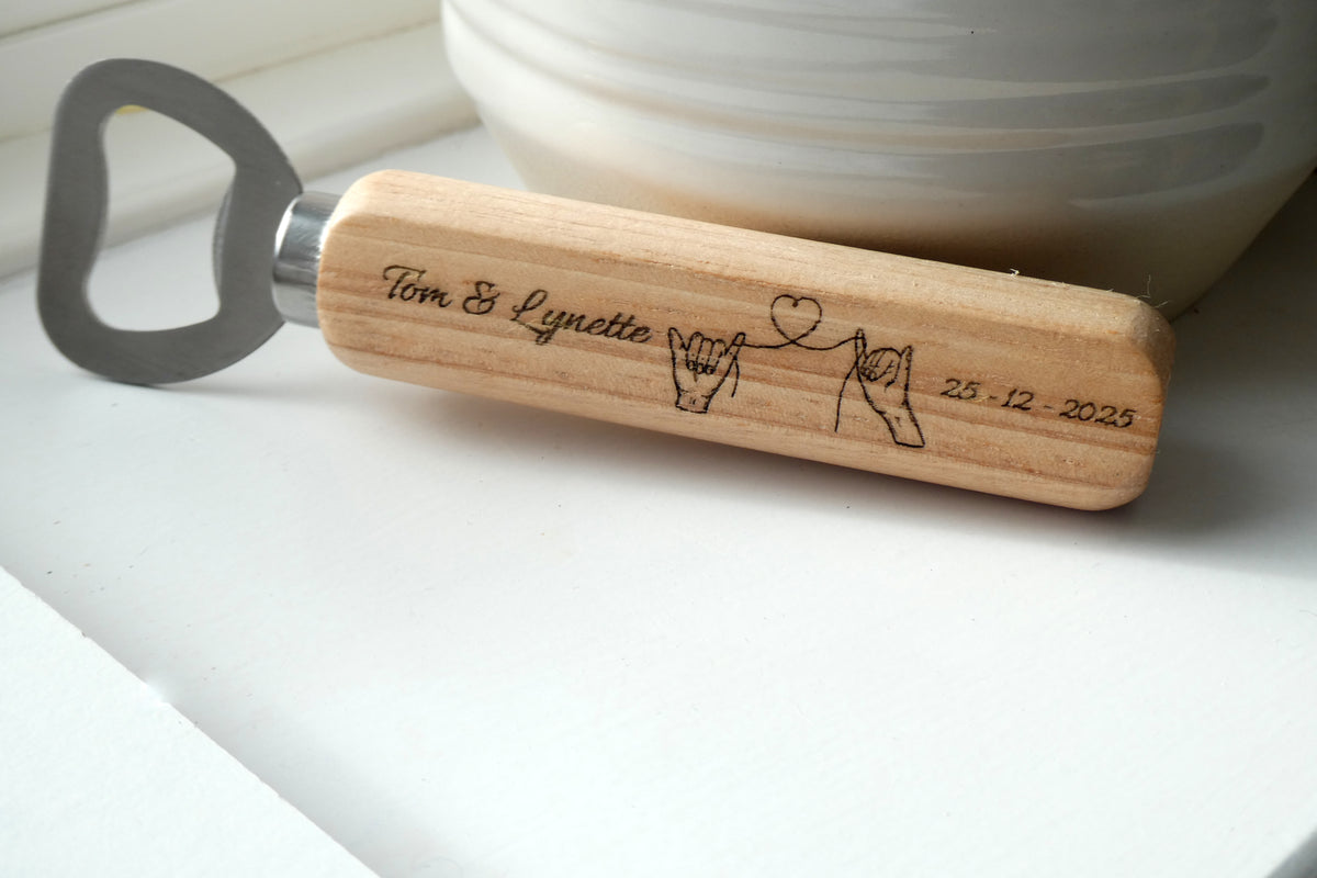 Personalised Minimalist Hands & Heart Engraved Bottle Opener – Custom Couple, House warming Gift