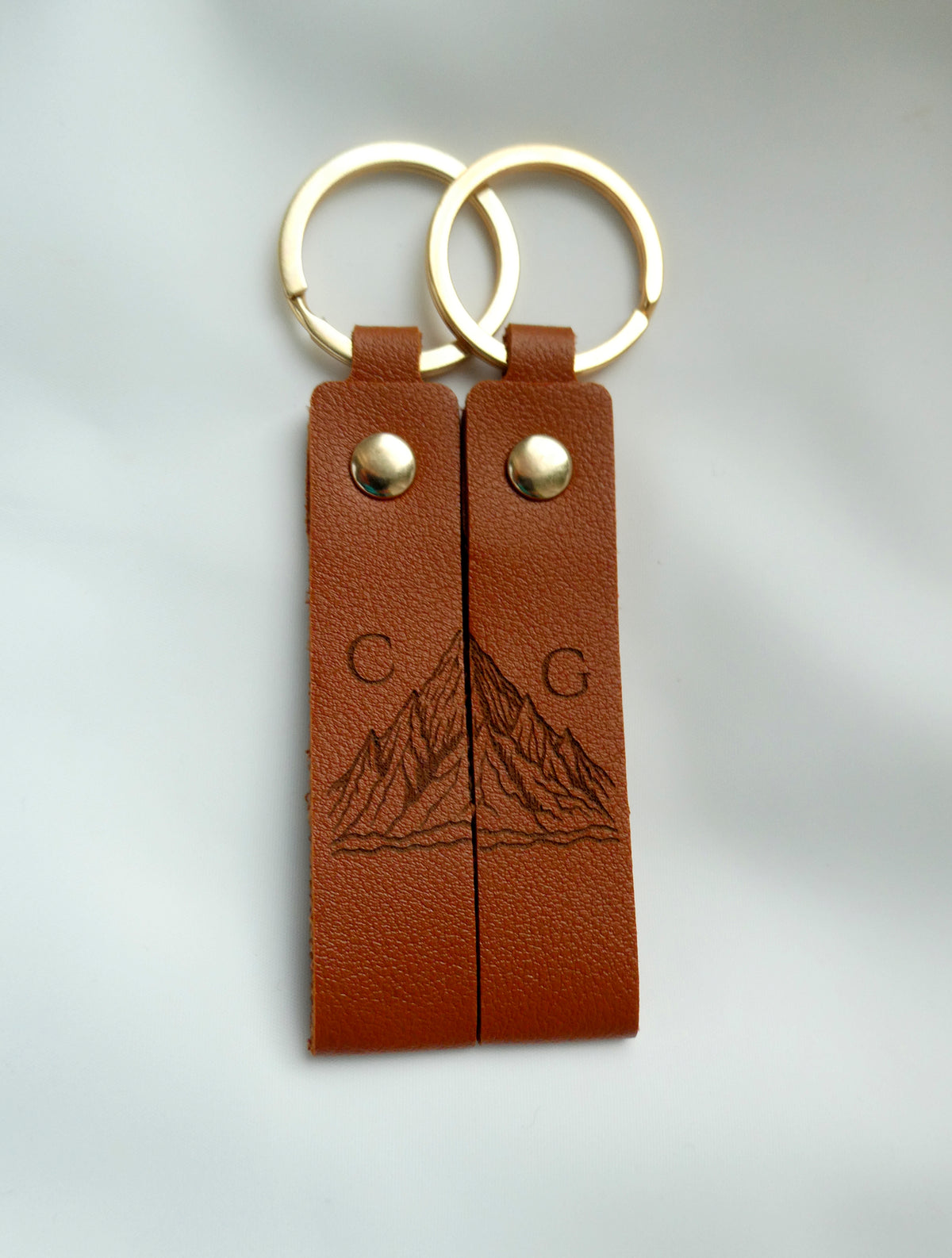 Engraved Mountain Initial Leather Keyring • Personalised Matching Couple Gift