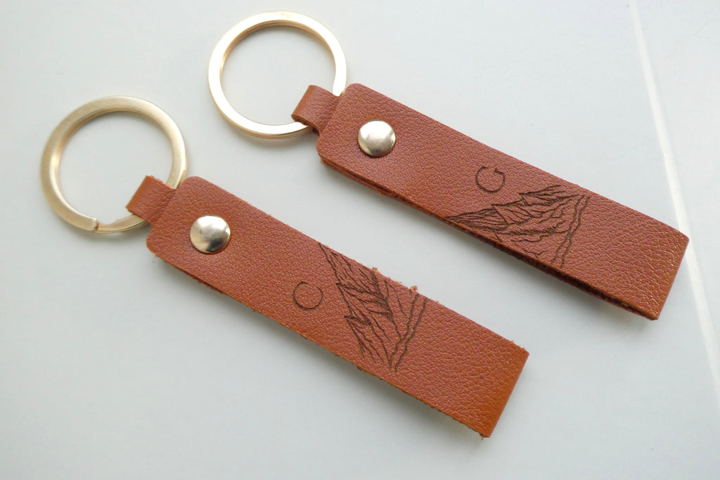 Engraved Mountain Initial Leather Keyring • Personalised Matching Couple Gift