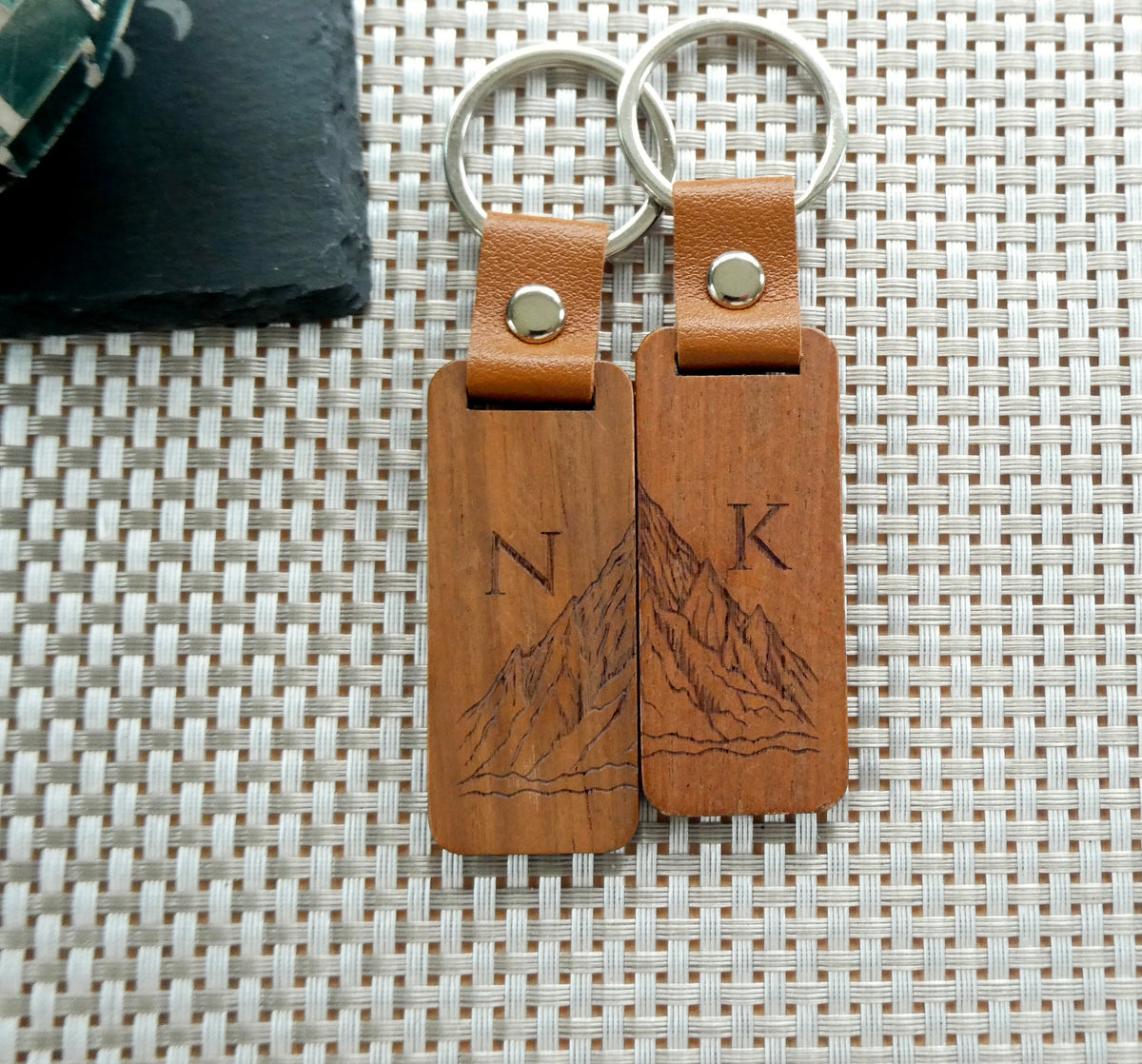 Personalised Mountain Initial Wood Keyring, Matching Initial Couple Gift