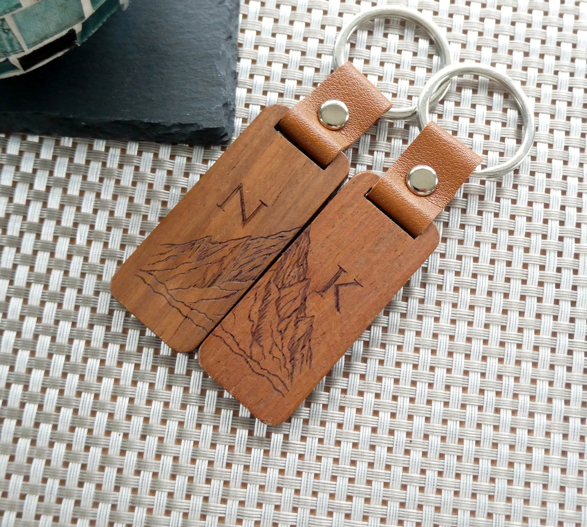 Personalised Mountain Initial Wood Keyring, Matching Initial Couple Gift