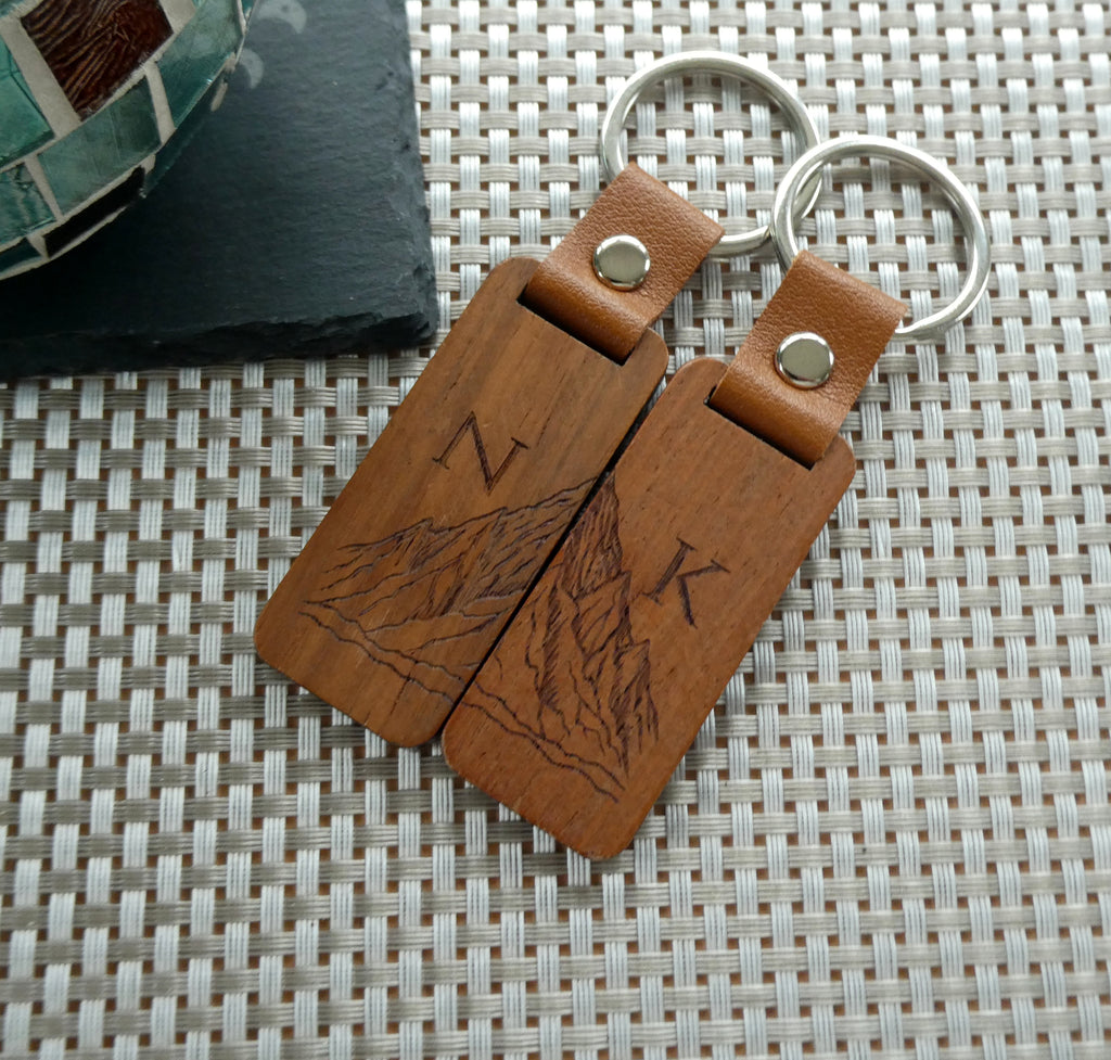 Personalised Mountain Initial Wood Keyring, Matching Initial Couple Gift