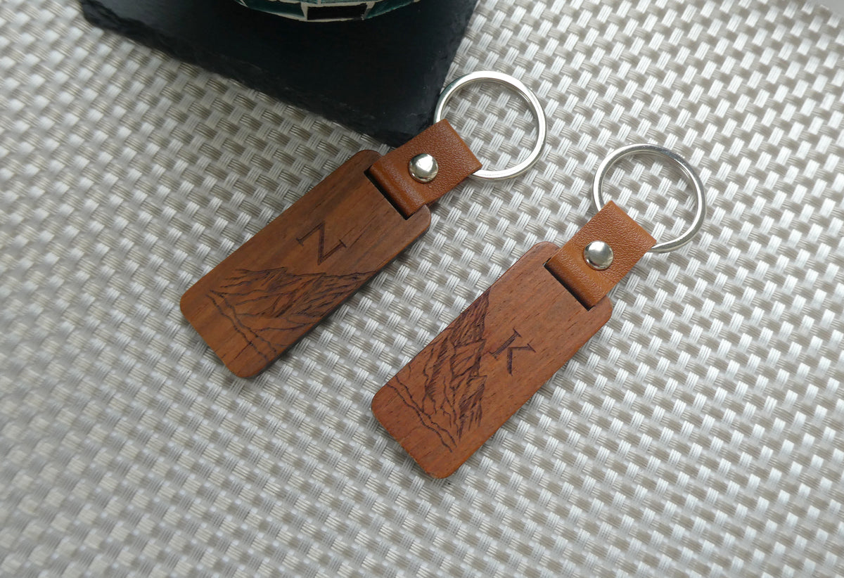 Personalised Mountain Initial Wood Keyring, Matching Initial Couple Gift