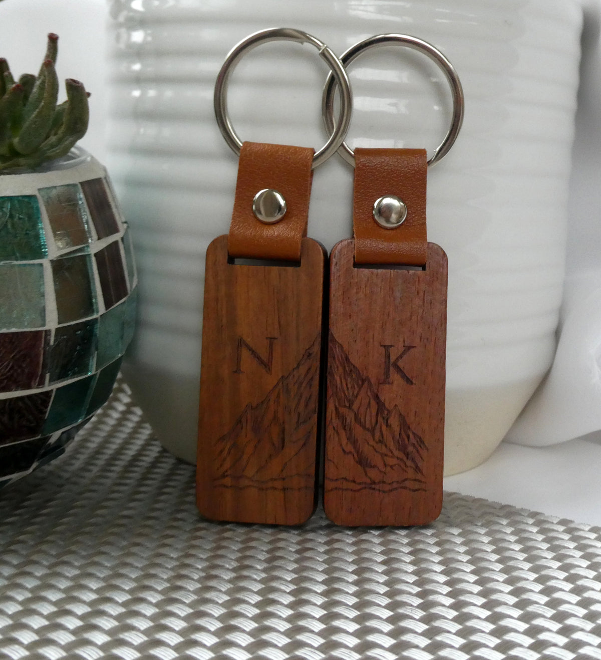 Personalised Mountain Initial Wood Keyring, Matching Initial Couple Gift
