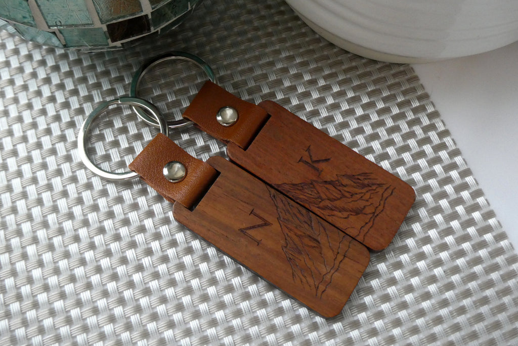 Personalised Mountain Initial Wood Keyring, Matching Initial Couple Gift