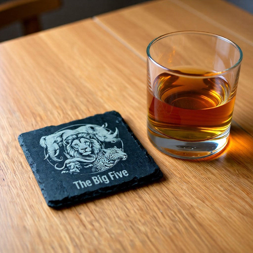 Engraved Slate Coaster – Africa Big Five Animals — Wildlife Home Décor Gift