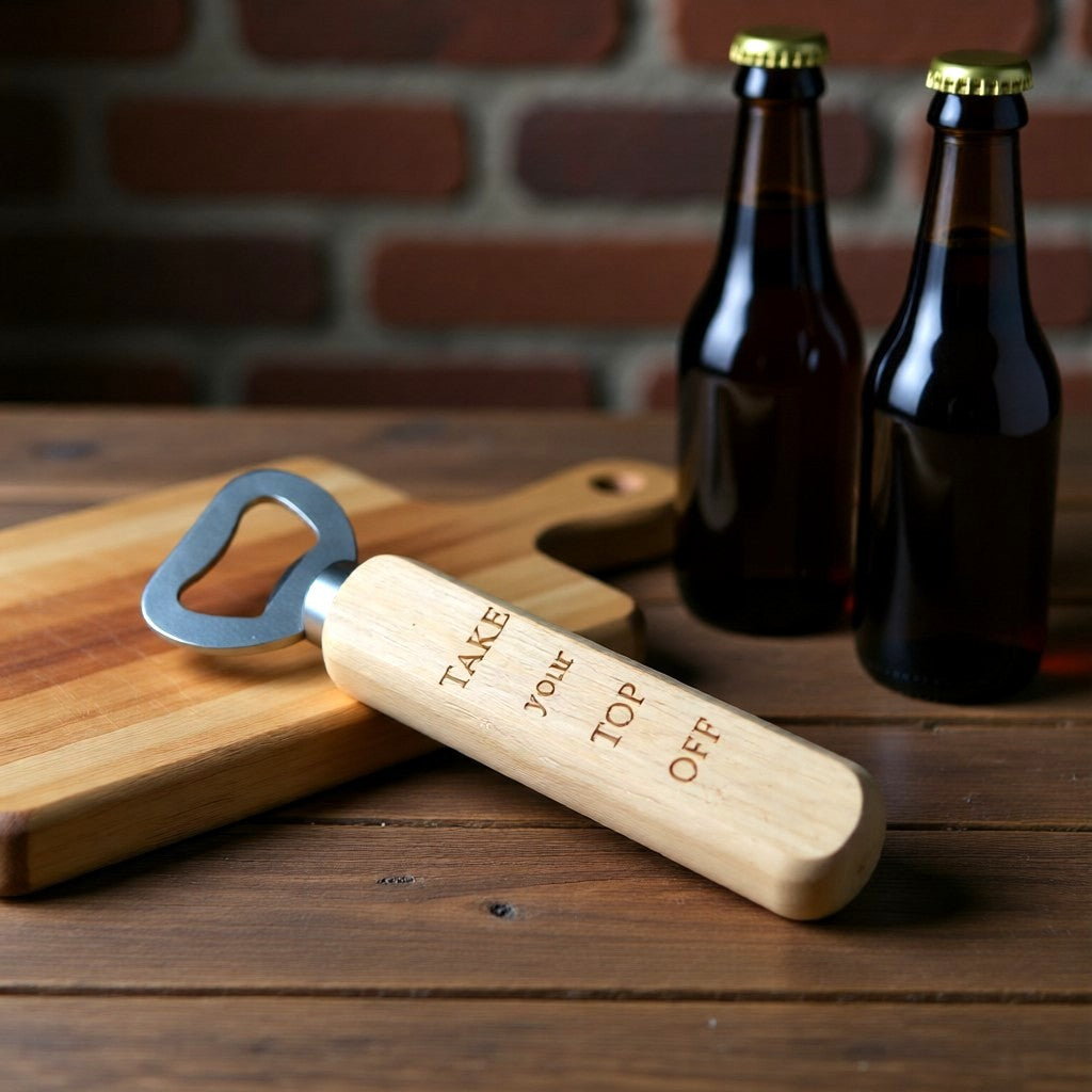 Engraved 'Take Your Top Off' Wooden Bottle Opener — Personalised Gift for Dad / Him